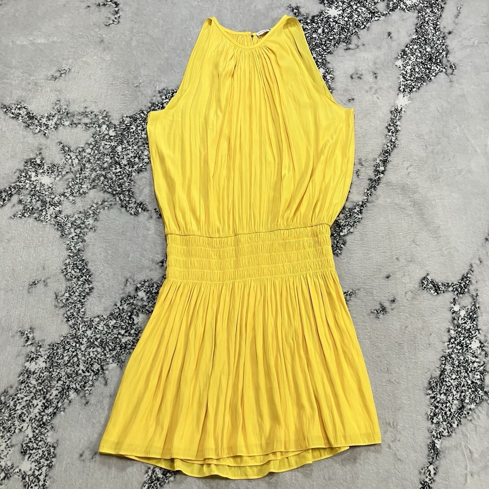 Ramy Brook Yellow Smocked Waist Dress Pleated Sleeveless Mini Size M